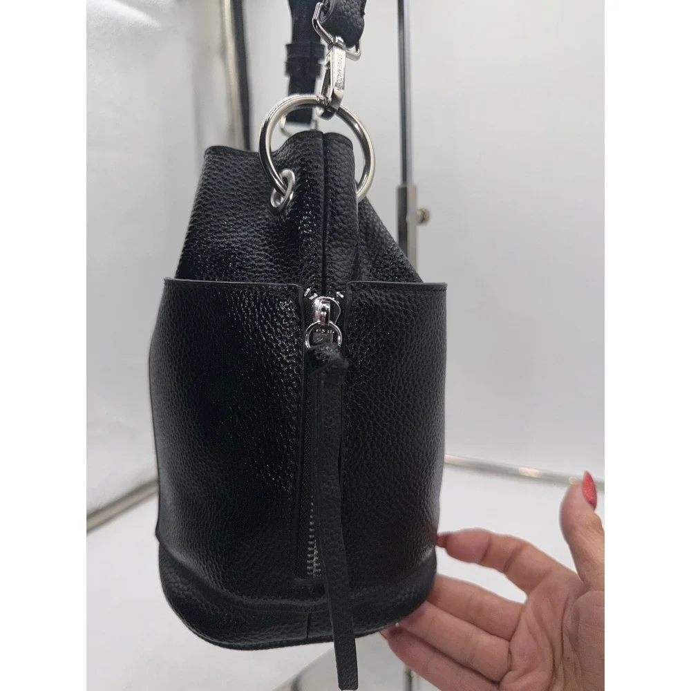 Steve Madden Black Pebbled Vegan Leather Studded Handle Hobo Bucket Bag